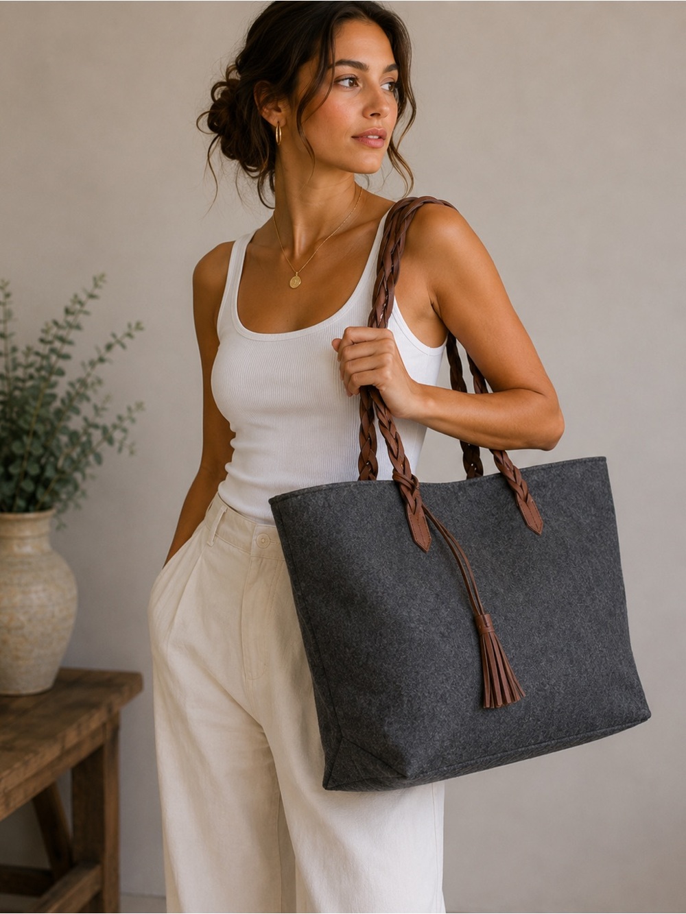 NWT Bag Braided Handles Bohemian Fleece Tote Charcoal Aprox: 20" X 14”